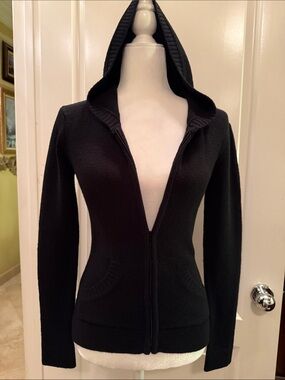 BCBG MaxAzria Black Hooded Zip-Up Knit Cardigan Jacket with Pockets NEW